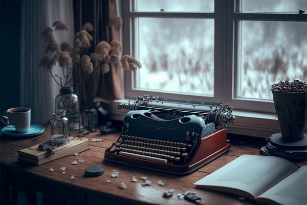 typewriter and books by the window, front view