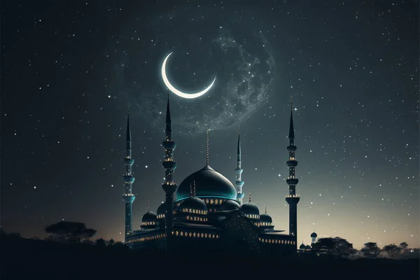 Mosque silhouette in night sky with crescent moon and star. Front view