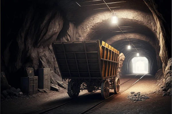 Mining cart in mine tunnel. wide angle,