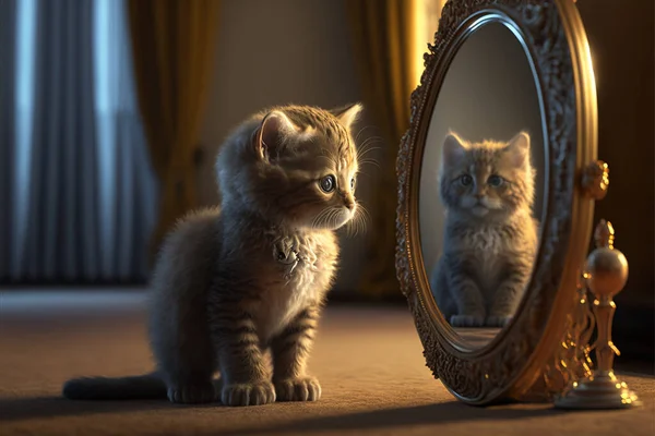 kitten looking at round mirror on table, male lion inside mirror