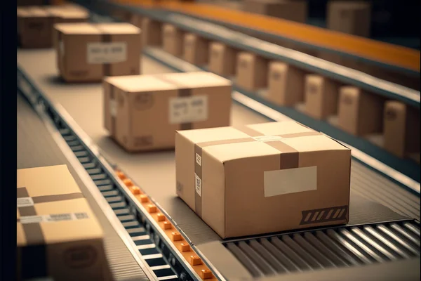 Cardboard boxes on the conveyor belt, close up