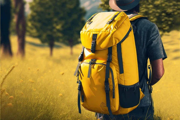 traveler man walking in nature, backpack, back view