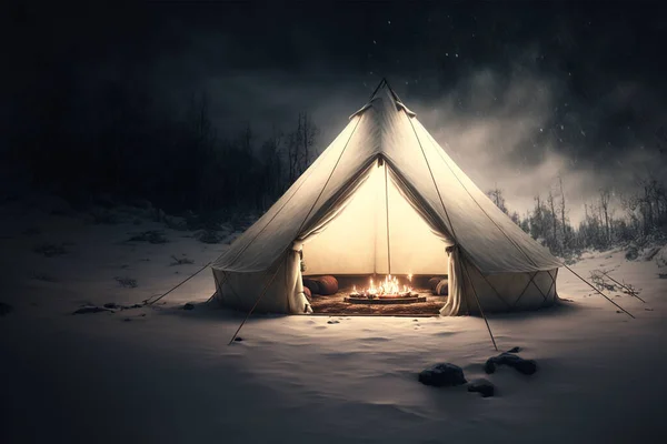 camping tent on snow covered ground on winter day, front view