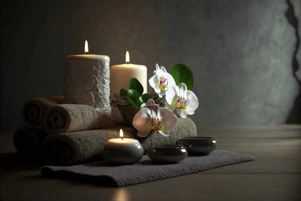 background of spa center, towel, candle, orchid and massage stones, front view