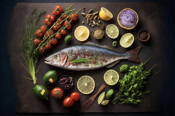 Top view delicious fresh fish and herbs and spices, lemon, tomato, chili and various vegetables on dark wood background, top view,