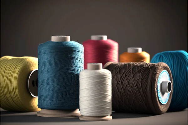 bobbins of cotton threads in various colors, close up