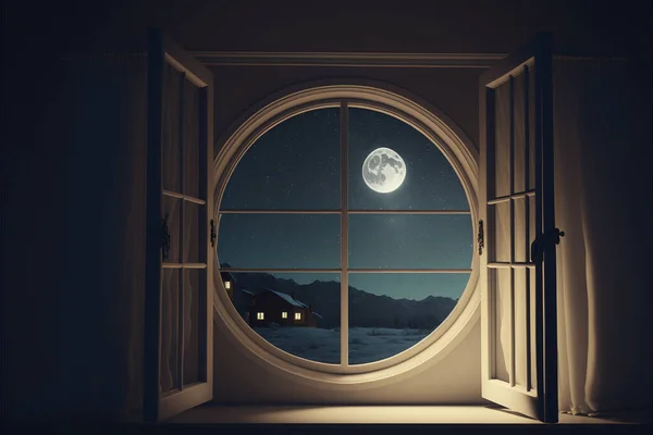 view from room with open window, night sky with moon and stars.  Front view