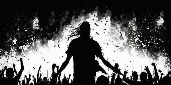 A silhouette black and white minimalist art of a metal concert mosh pit, crowd, headbang
