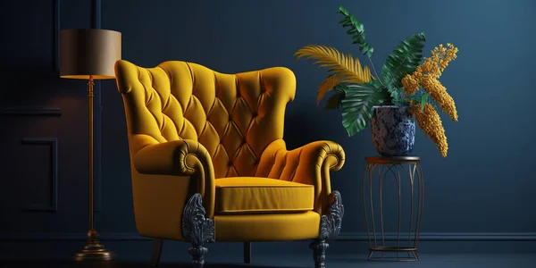 Living room with yellow armchair on empty dark blue wall background