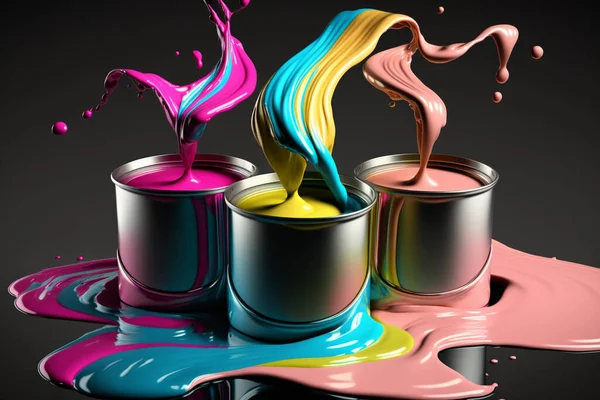 Cmyk colored paint pouring from horizontal metal tin cans
