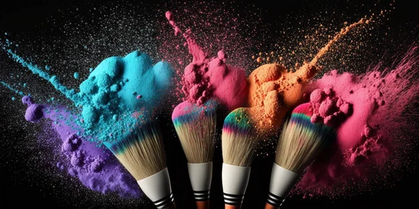 cosmetic brushes with color cosmetic powder splash from tip, idea for facial product and cosmetic background