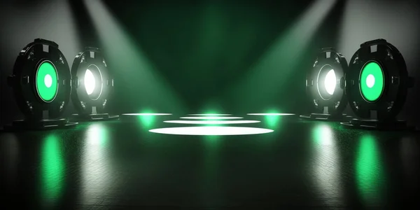 green spotlights shine on stage floor in empty dark room, idea for background