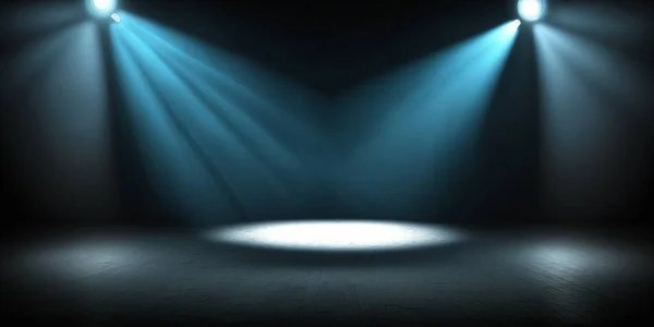 blue, spotlights shine on stage floor in dark room