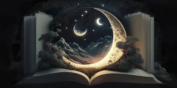 crescent moon while reading book ,fantasy dreamy fairytale illustration concept