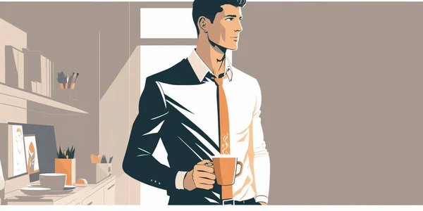 Flat illustration of a man with coffee in office