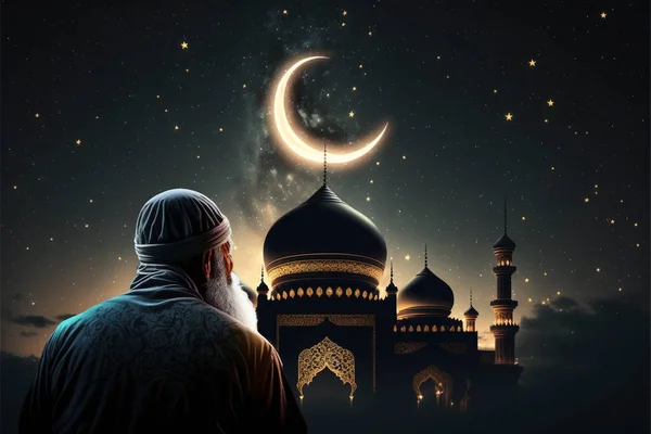 muslim old man praying on a starry and crescent moon moon night
