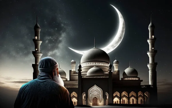 muslim old man praying on a starry and crescent moon moon night