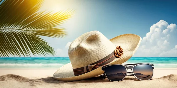 vacation and summer travel banner concept. Happy holidays on sandy tropical sea beach. Panama hat and sunglasses with a reflection of the sandy tropical beach and palm trees