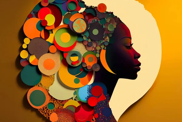 African American woman, profile, sacred circles, bright colors, abstract, cut paper