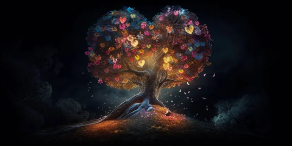 cuddling love tree graphic on black background with a fantastical atmosphere, include wildlife, love themes,
