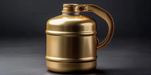 Gold fuel can with queue for gas station on grey background