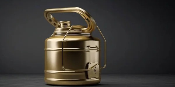 Gold fuel can with queue for gas station on grey background