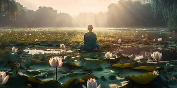 man sitting in lotus posistion, meditating, in the place of the heart there is a beautiful lotus flower and on top of it a shining light