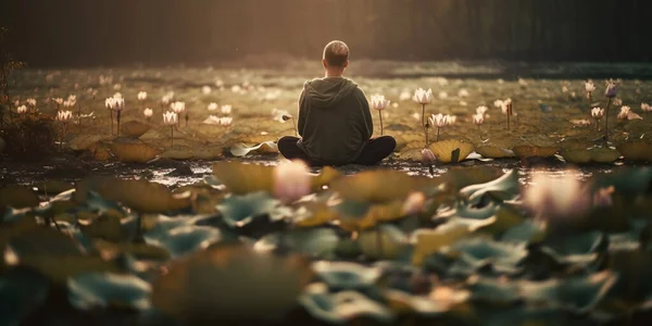 man sitting in lotus posistion, meditating, in the place of the heart there is a beautiful lotus flower and on top of it a shining light