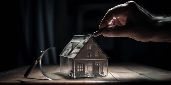 The human hand pulls on the thread laid out in the shape of a house with a magnifier at the end
