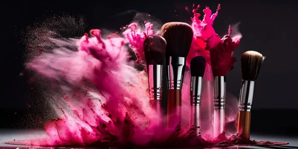 Makeup brushes with pink powder splash