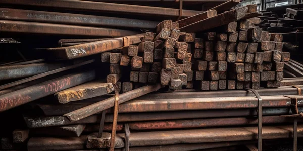 stack of straight old rusty high yield stress deformed reinforcement steel or iron bars.
