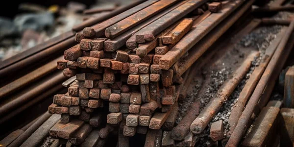 stack of straight old rusty high yield stress deformed reinforcement steel or iron bars.
