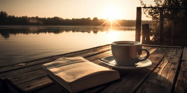 Cup of coffee and book on wooden pier on summer lake sunset