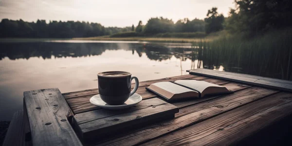 Cup of coffee and book on wooden pier on summer lake