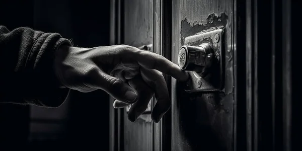 The man\'s hand opening the door