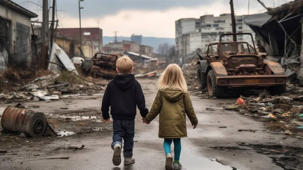 3-year-old blonde little girl and 7-year-old dirty blonde boy holding hands and walking through the Turkey earthquake