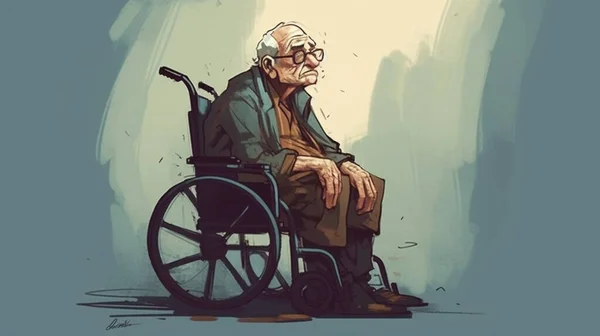 old man sitting in wheelchair. Thought-provoking illustrations
