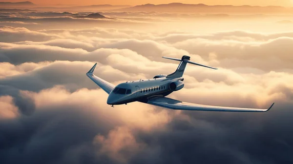 Private jet in flight over the clouds