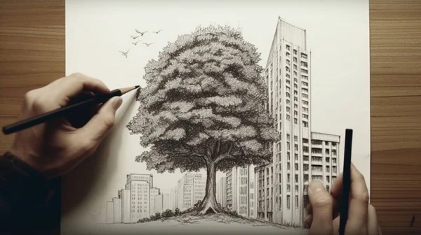 Drawing a big tree with a skyscraper in the background