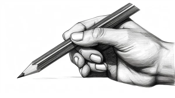 hand holding pencil on isolated white background. drawing style