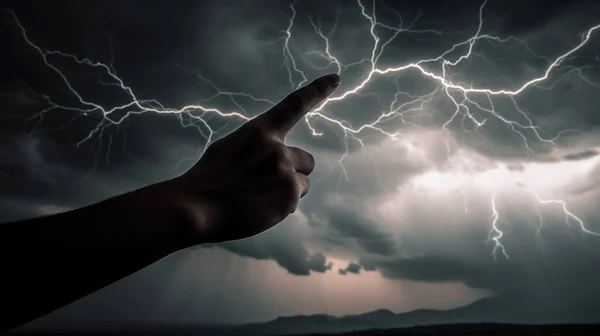 hand reaching out to lightning in the sky