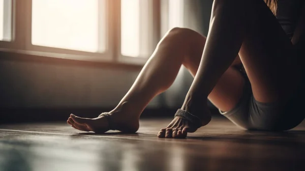 woman stretching her feet on floor. close up