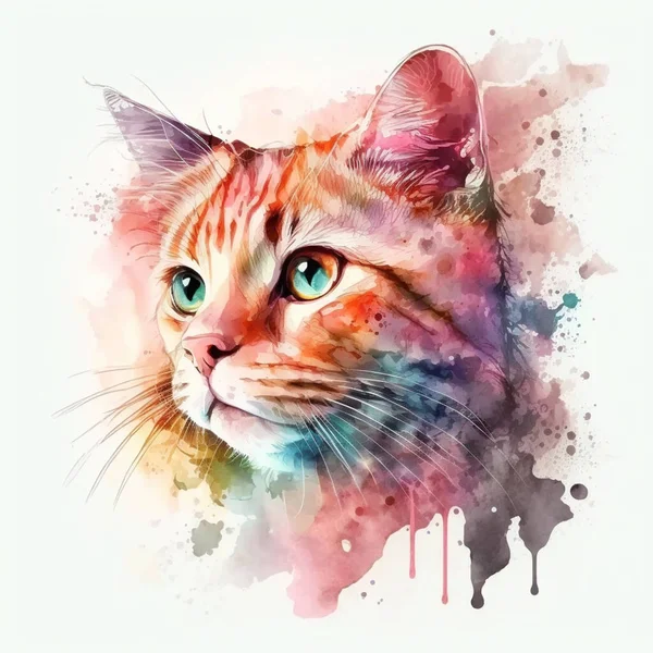 A watercolor painting of a pink cat with yellow eyes.