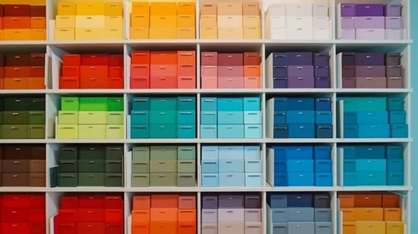 Close-up view of colorful boxes on the shelves in the office
