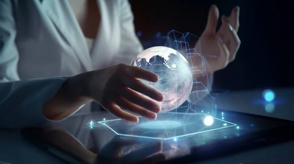 hands or technology for 3d globe networking