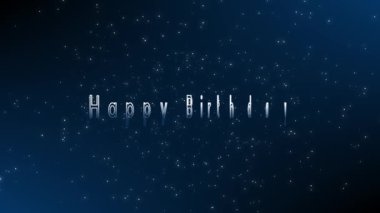 Mutlu yıllar. Canlandırılmış mektuplar ve düşen kar taneleri arka planda koyu mavi ve siyah arka planda yıldönümü ve yıldönümü kutlamaları için neşeli bir doğum günü kutlaması.