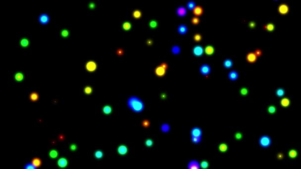 Glanzende Regenboog Lichten Vliegen Defocussed Naar Kijker Tonen Gloeiende Deeltjes — Stockvideo