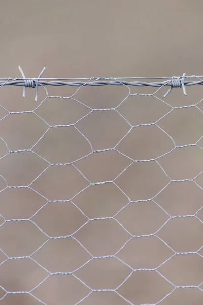 Barb wire-mesh fencekeep livestock on the farmland and shows no trespassing for unauthorized people on agricultural field or for prison and jail security against crime and escape of prisoners in jail