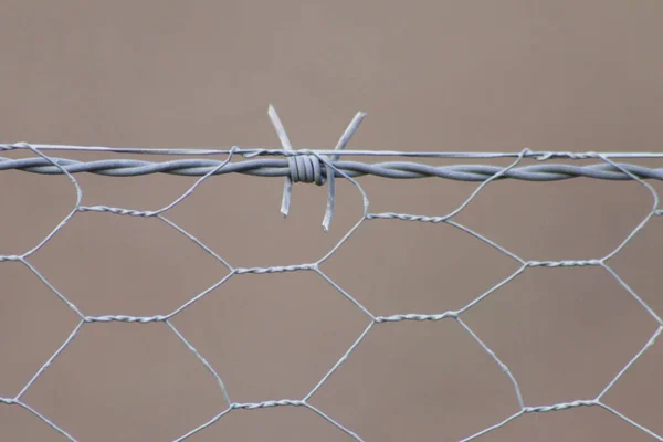 Barb wire-mesh fencekeep livestock on the farmland and shows no trespassing for unauthorized people on agricultural field or for prison and jail security against crime and escape of prisoners in jail