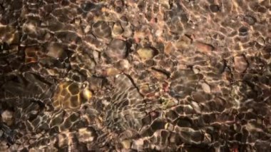 Animated stones in flowing water show silky ripples of crystal clear river water with smooth beautiful light effects over rocky pebbles in healthy environment on the bottom of the river bed sunshine